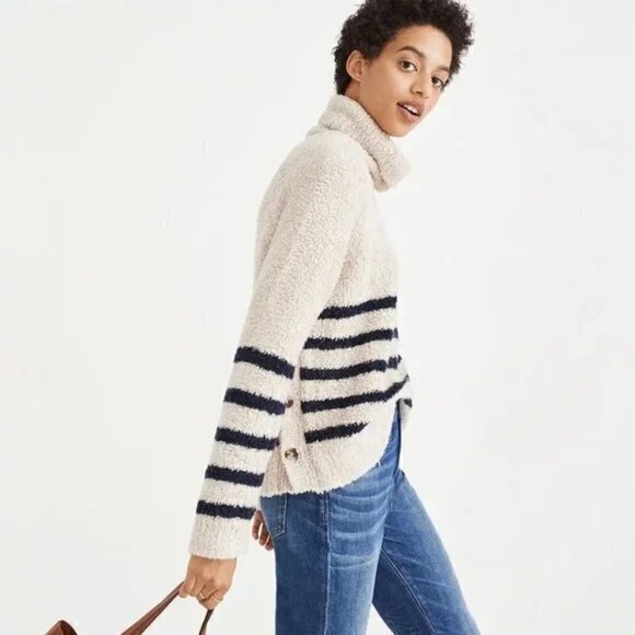 - Madewell The Mariner Striped Turtle Neck Wool Blend Sweater XS-Navy Blue/Beige - Picture 15 of 15